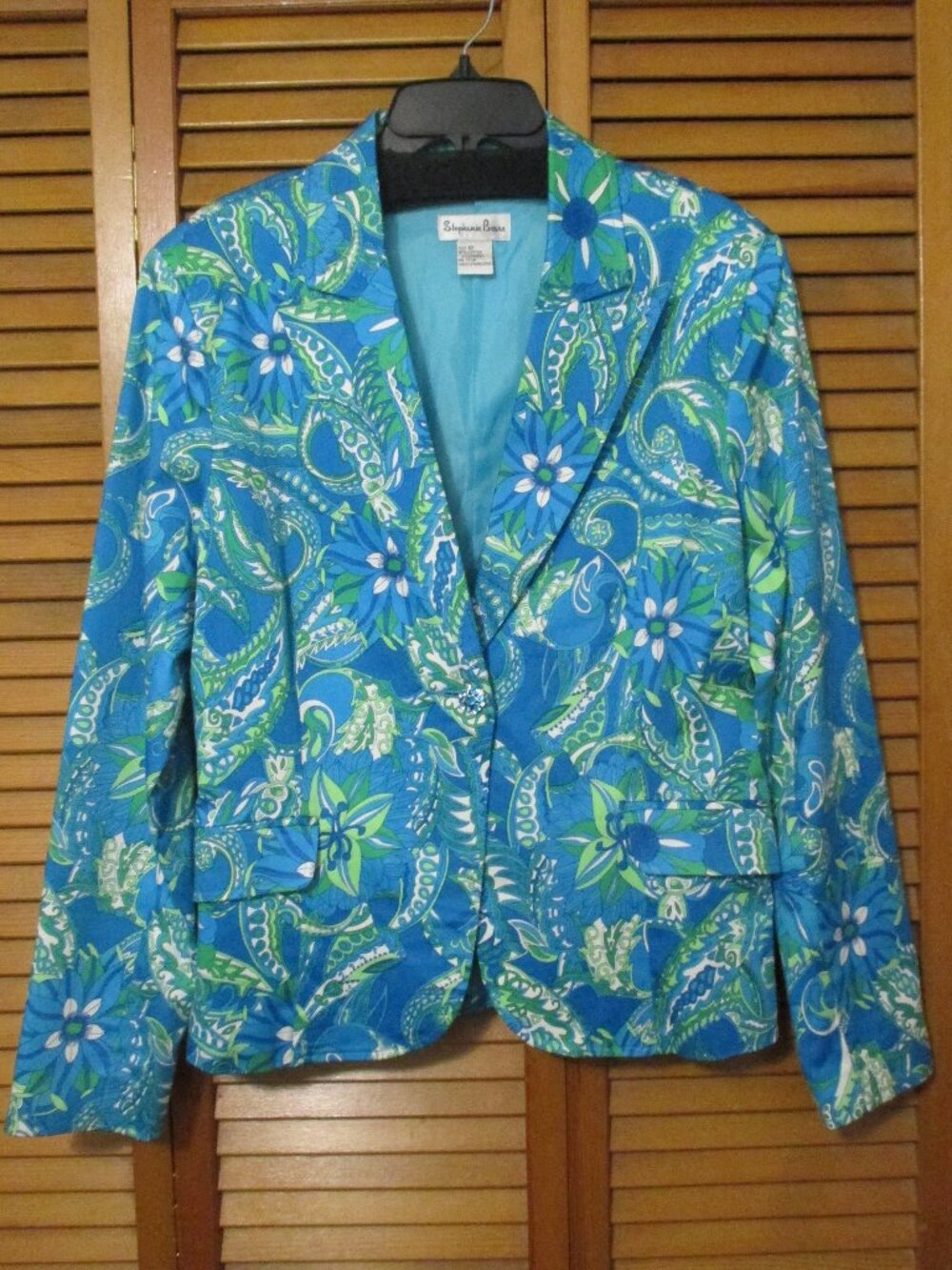 Stephanie Beare Blazer/Jacket sky blue & lime green floral w/pockets size 12
